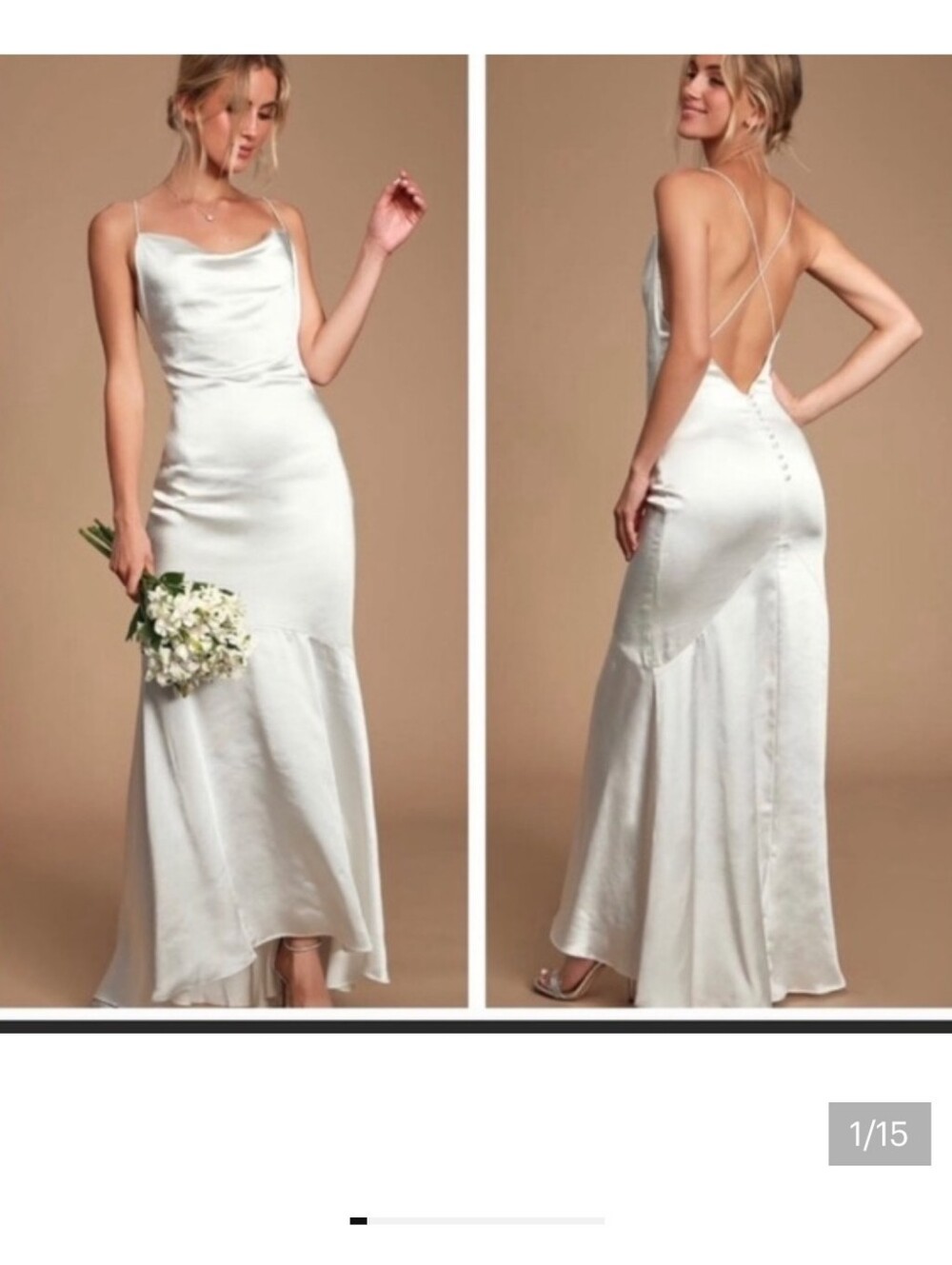 Elliatt Ivory Satin Cowl-Neck Maxi Dress with Low Buttons Back XS Bridal Shower